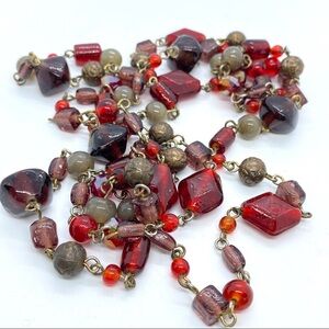 Red Glass Beads Antiqued Gold Brass Long Necklace